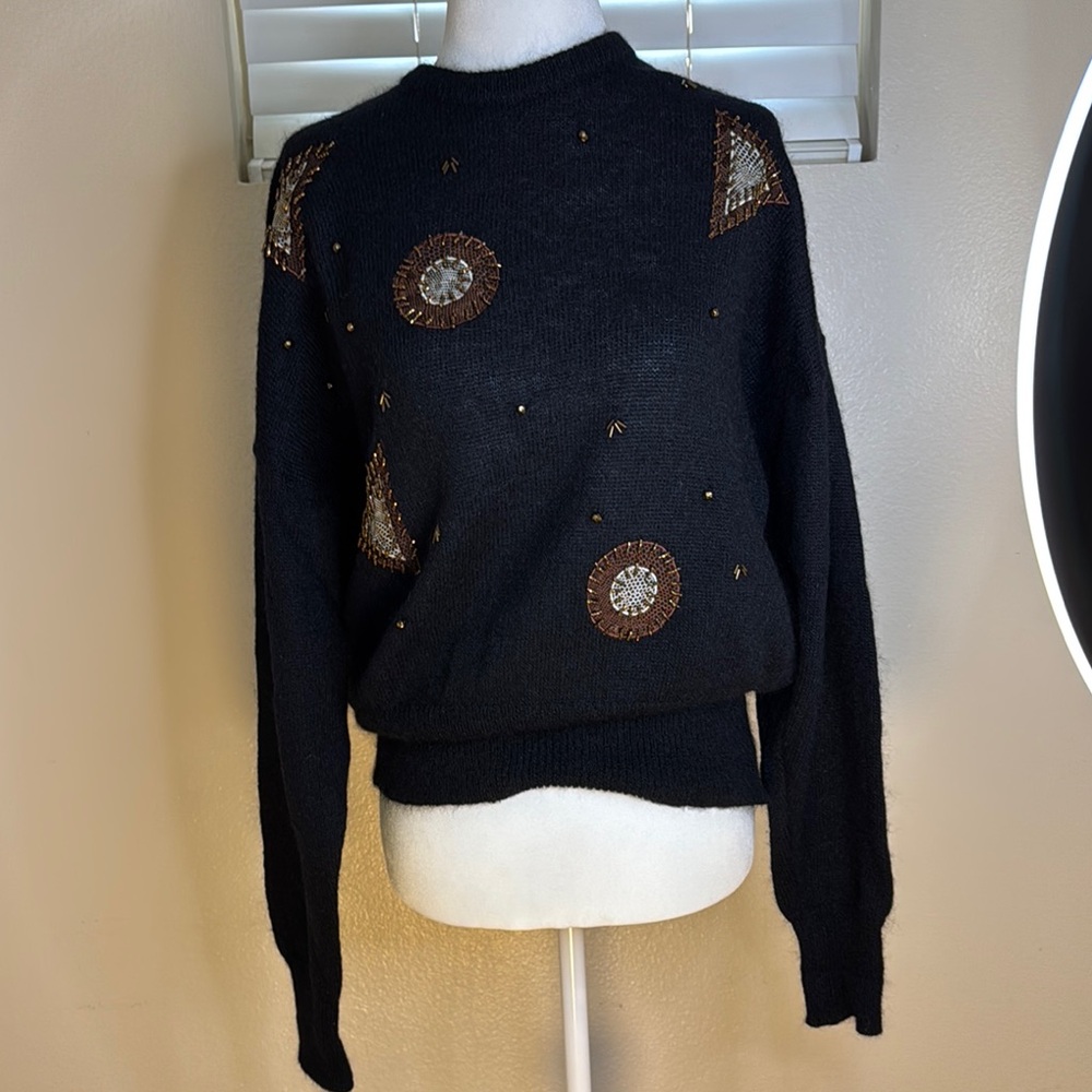 Vintage 90s Escada Black/Brown Mohair Sweater Beaded Medallion Design Size 38